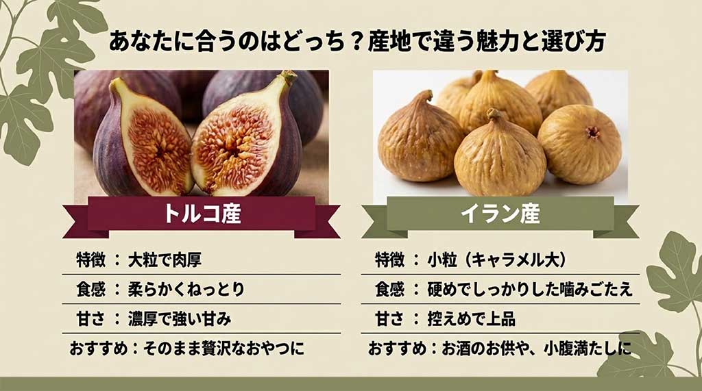 トルコ産（大粒・肉厚・濃厚な甘み）とイラン産（小粒・硬め・上品な甘み）の特徴とおすすめの食べ方の比較表