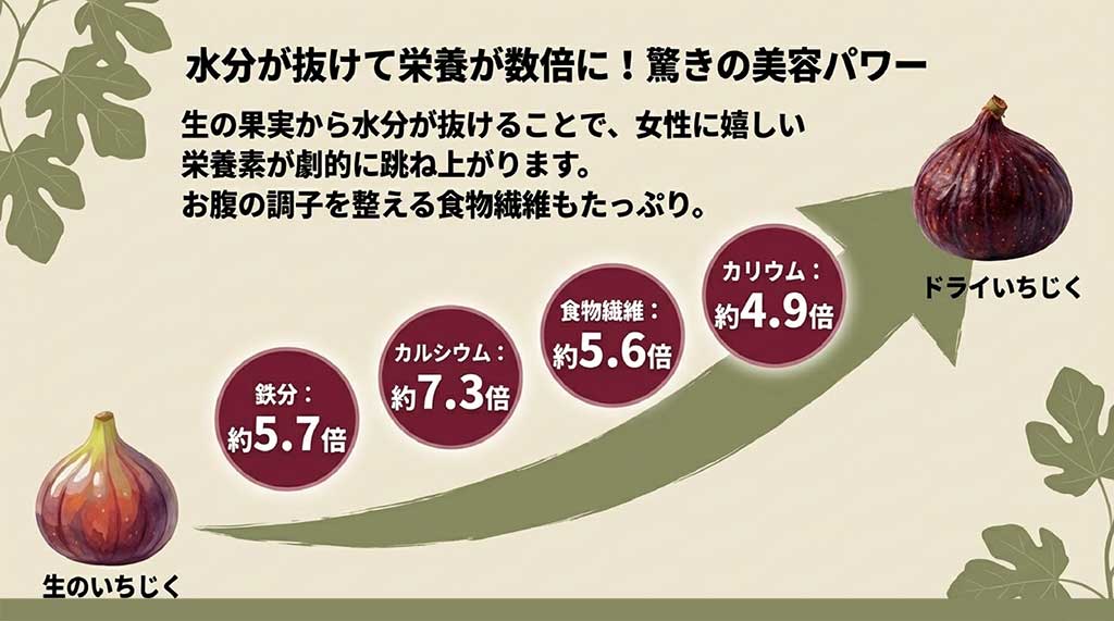 生のいちじくとドライいちじくの栄養素比較グラフ。カリウム4.9倍、カルシウム7.3倍、鉄分5.7倍、食物繊維5.6倍の濃縮率を表示