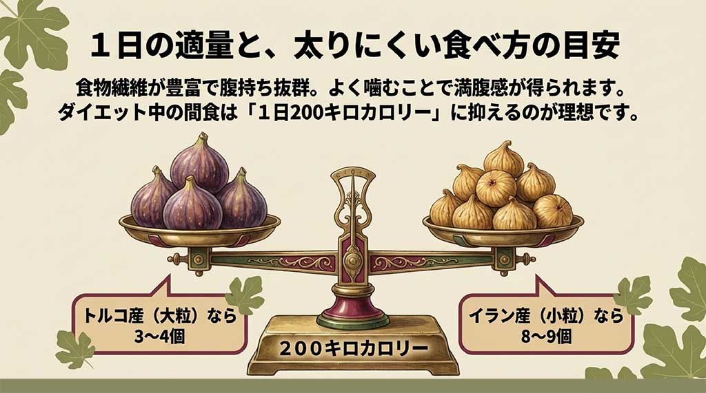 ダイエット中の間食目安200キロカロリー分を天秤で比較。トルコ産なら3〜4個、イラン産なら8〜9個のイラスト