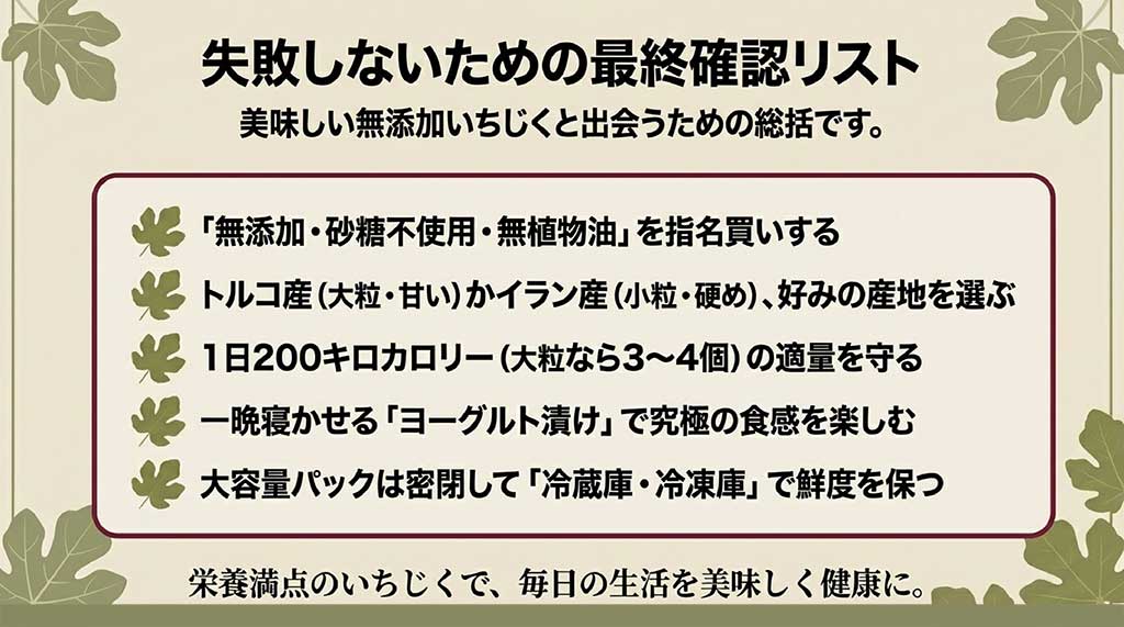無添加・砂糖不使用の指名買い、産地の選択、適量の遵守、保存方法など、失敗しないための5つの最終確認リスト