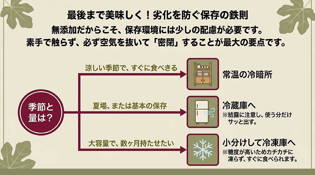 季節と量に合わせた保存方法。常温の冷暗所、冷蔵庫、小分けして冷凍庫の使い分けを説明するフローチャート