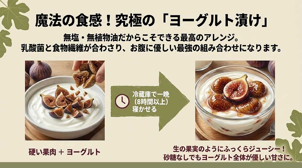 ドライいちじくを冷蔵庫で一晩（8時間以上）ヨーグルトに漬ける方法。ふっくらジューシーな食感になるアレンジの紹介
