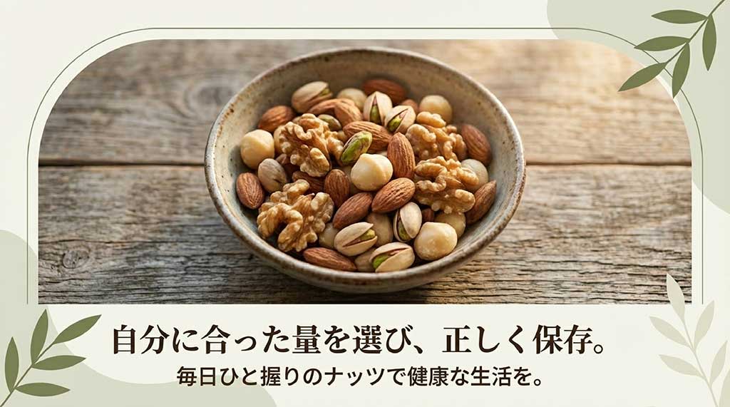 自分に合った量を選び正しく保存して、毎日ひと握りのナッツで健康生活を送るためのまとめ画像