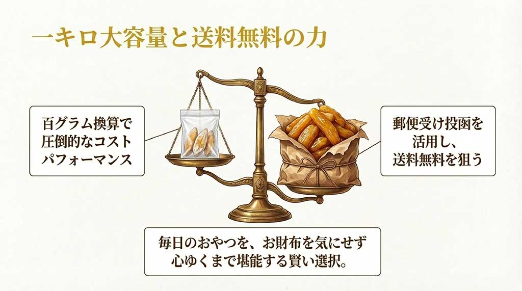 1kg大容量と郵便受け投函による送料無料を活用した、お財布に優しいおやつの選び方