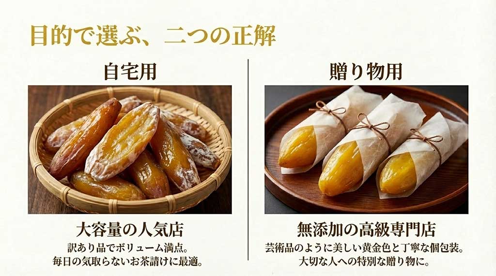 自宅用の大容量訳あり品と、贈り物用の無添加・個包装の高級専門店品の使い分けガイド