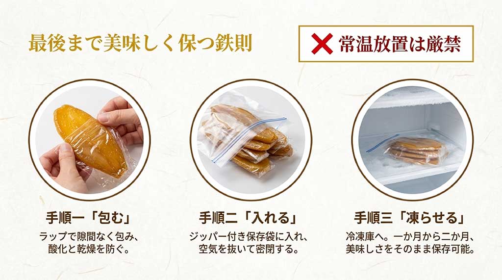 ラップで包み、保存袋に入れ、冷凍庫で1〜2ヶ月保存する、カビを防ぐための正しい手順