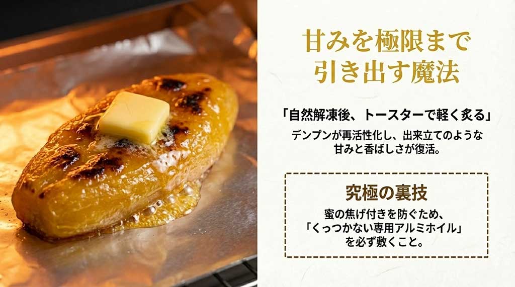 自然解凍後にトースターで炙り、くっつかないアルミホイルを敷いて甘みを引き出す方法
