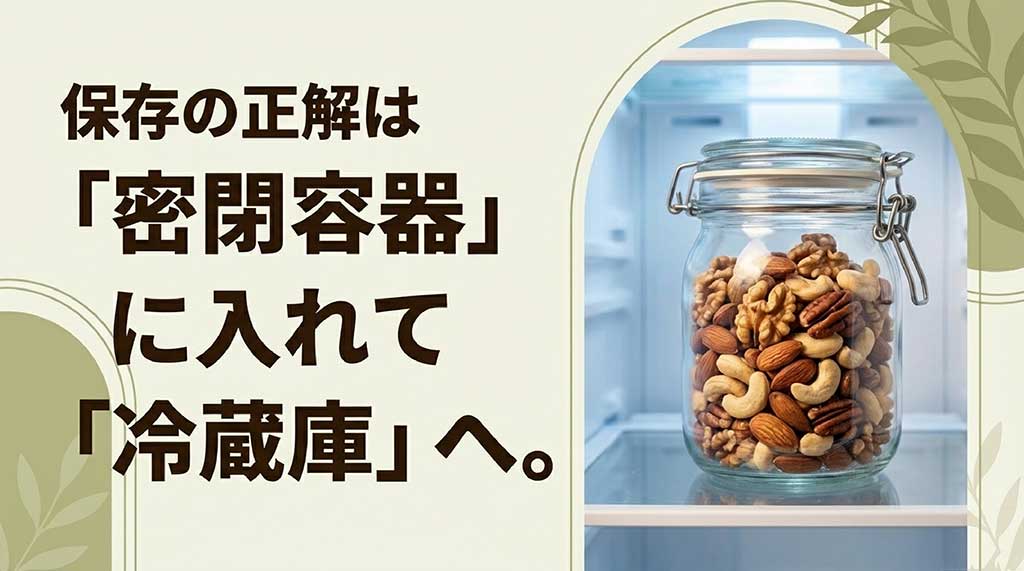 密閉容器に入れて冷蔵庫で保存するミックスナッツの正しい保管方法のイメージ
