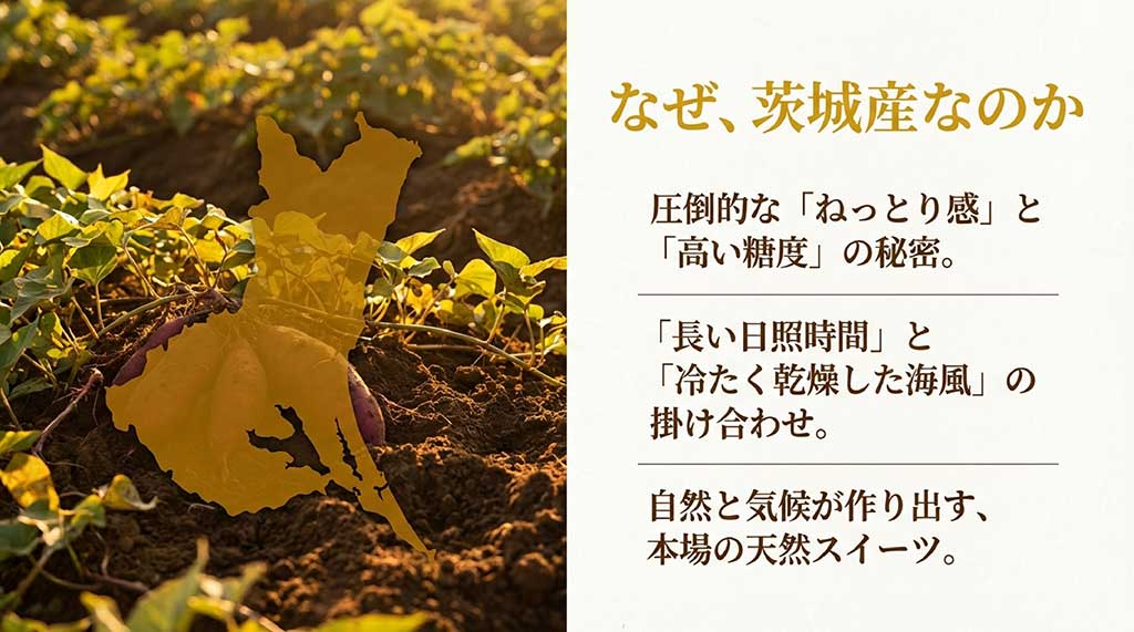 茨城県の長い日照時間と冷たく乾燥した海風が、高い糖度とねっとり感を生み出す解説図