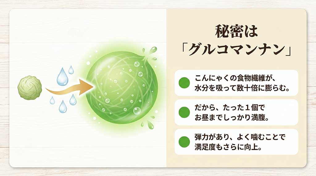 こんにゃくの食物繊維グルコマンナンが水分を吸って膨らみ、満腹感が持続する仕組み