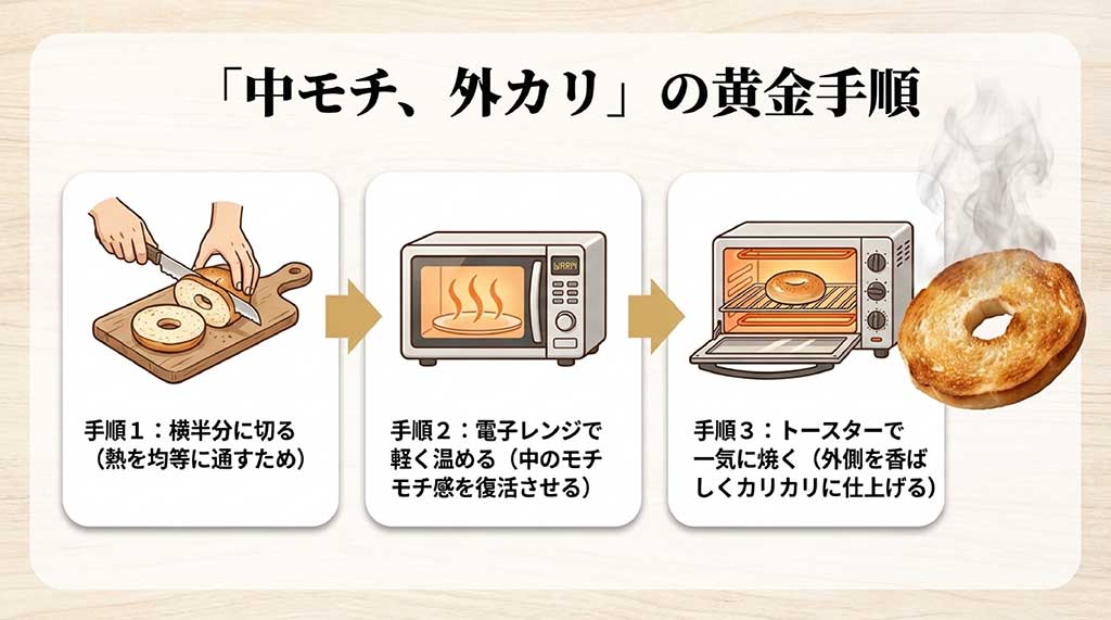 スライス、レンジ、トースターの3ステップでこんにゃくベーグルを温める手順の図解
