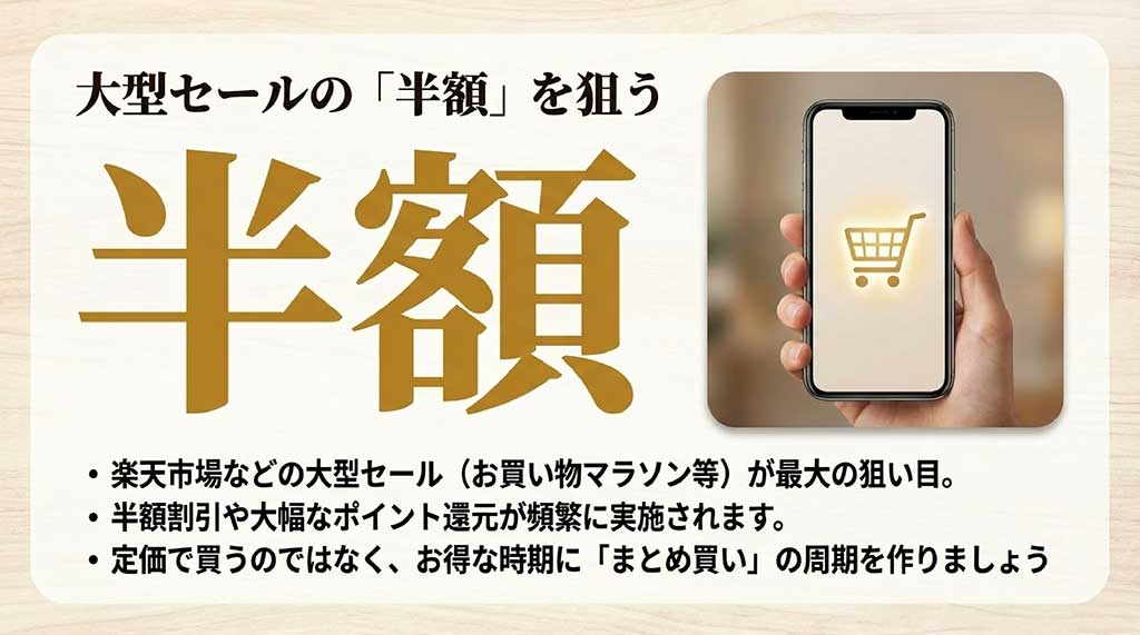 楽天市場の大型セールで半額割引やポイント還元を狙うまとめ買いのコツ