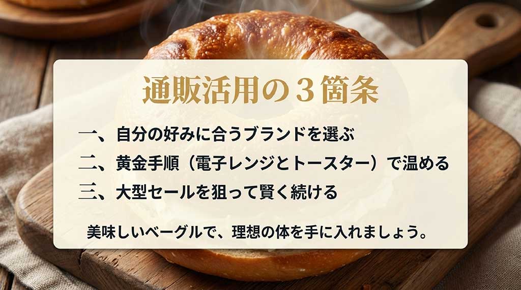 ブランド選び、温め方、セール活用の3つのポイントをまとめた最終確認スライド
