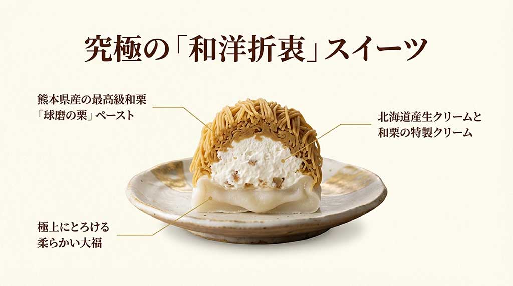 熊本県産和栗ペースト、北海道産生クリーム、柔らかい大福の層構造を説明するイメージ