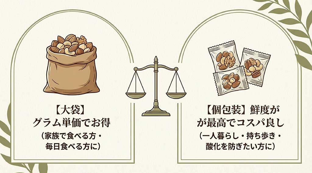 グラム単価がお得な大袋タイプと、鮮度維持に優れた個包装タイプのメリット解説