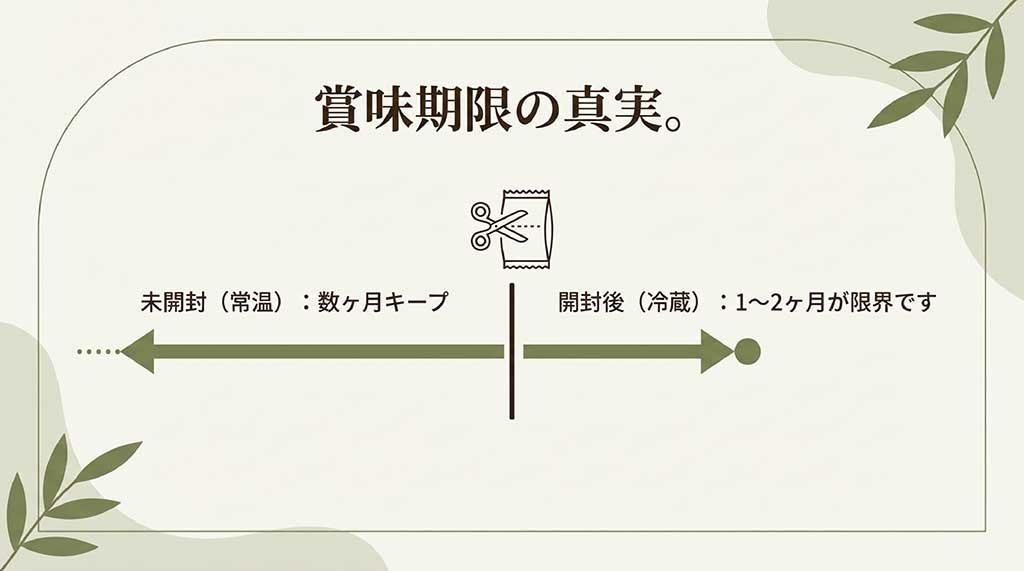 未開封（常温）なら数ヶ月、開封後（冷蔵）なら1〜2ヶ月が賞味期限の限界であることを示すタイムライン