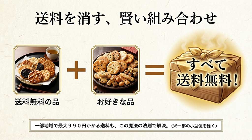 送料無料の品とお好きな品を組み合わせることで、地域別の送料を無料にする仕組みの図解