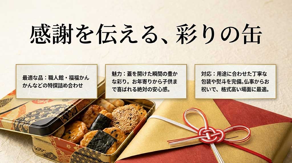 職人館や福福かんかんなど、仏事やお祝いに対応した豪華な意匠の特撰詰め合わせ缶