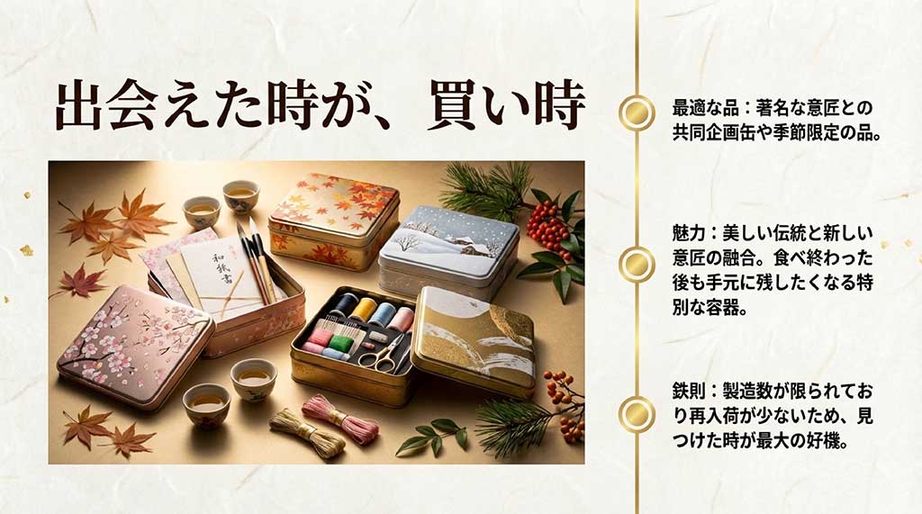 著名な意匠との共同企画缶や季節限定の品など、食べ終わった後も残したくなる特別な容器の紹介