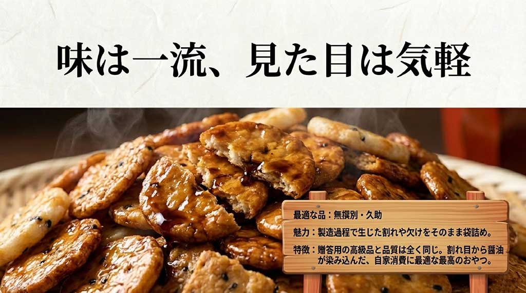 製造過程で生じた割れや欠けを袋詰めした、自家消費に最適な無撰別・久助の解説