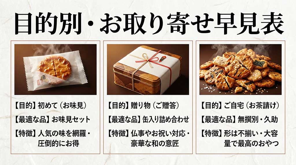 初めての方、贈り物、ご自宅用といった目的別に、最適な品と特徴をまとめた比較表