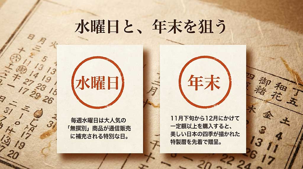毎週水曜日の無撰別補充と、年末に一定額以上購入で贈呈される特製暦（カレンダー）の案内