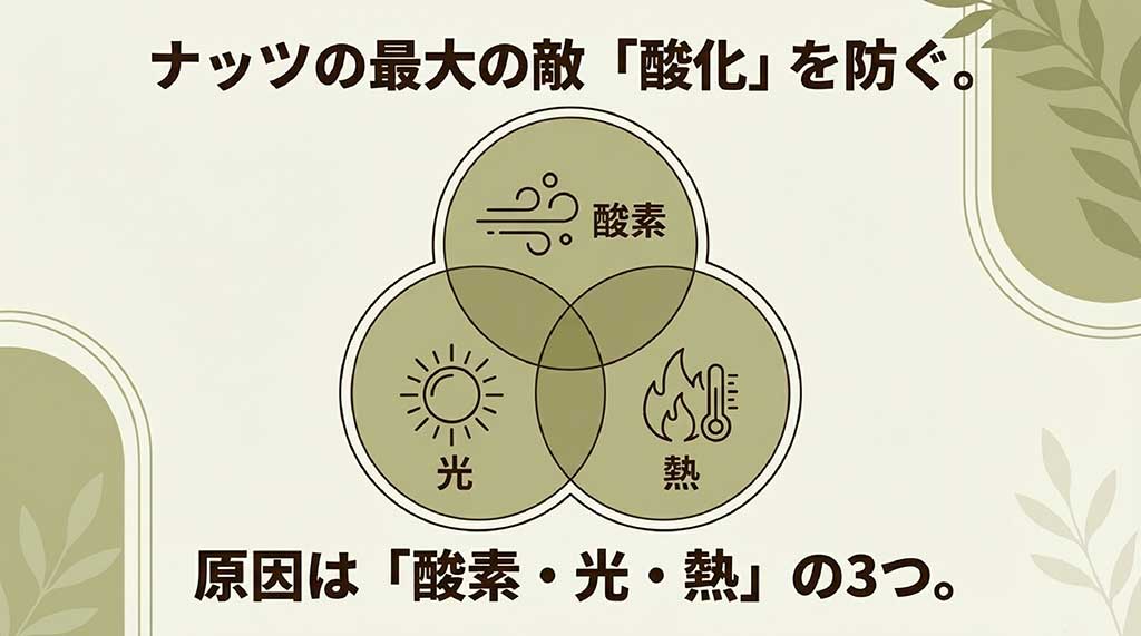 ミックスナッツの天敵である「酸化」の原因となる酸素・光・熱の解説図