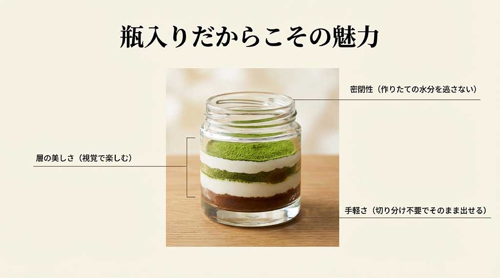 層の美しさ（視覚）、密閉性（鮮度）、手軽さ（切り分け不要）という瓶入りならではの利点を解説するスライド
