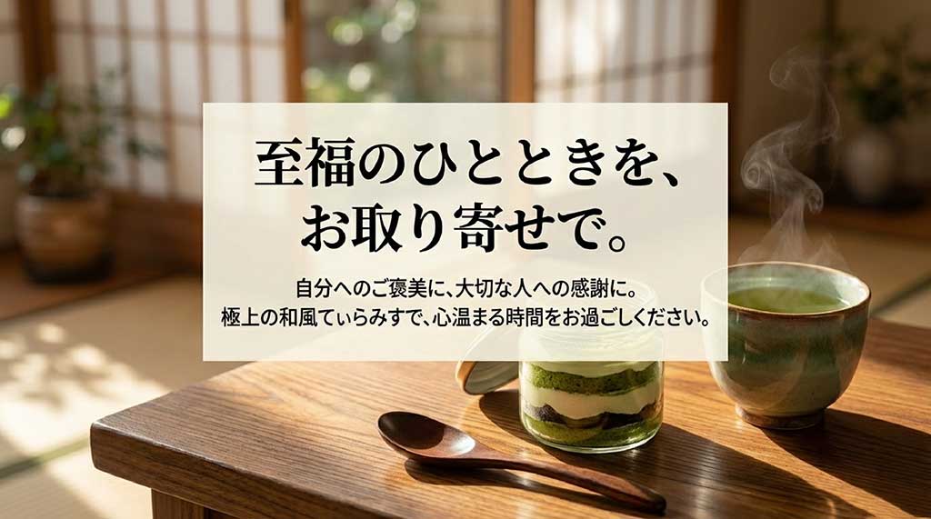 自分へのご褒美や大切な人への感謝に、極上の和風てぃらみすで心温まる時間を過ごすことを提案するまとめスライド