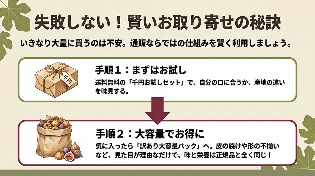 賢いお取り寄せの2ステップ。まずは1000円お試しセットで味見をし、気に入ったら訳あり大容量パックでお得に買う方法