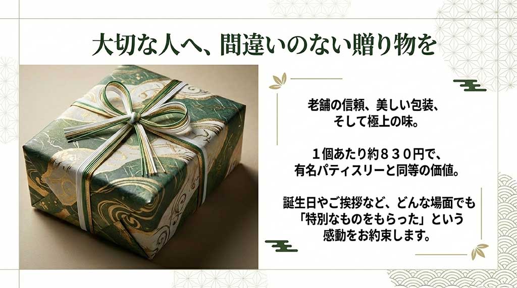 1個あたり約830円の価値がある、ギフトに最適な美しい包装と高級パティスリーと同等のクオリティを伝えるスライド