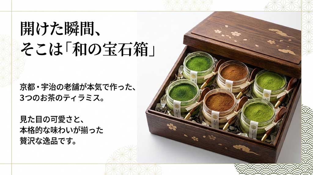 京都・宇治の老舗が作った3種のお茶（抹茶・ほうじ茶・玄米茶）のティラミスの紹介スライド