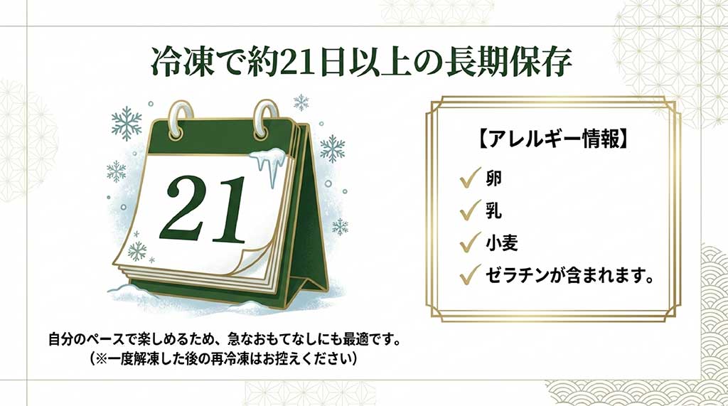 冷凍で約21日以上の保存が可能であることと、卵・乳・小麦・ゼラチンを含むアレルギー情報を記載したスライド