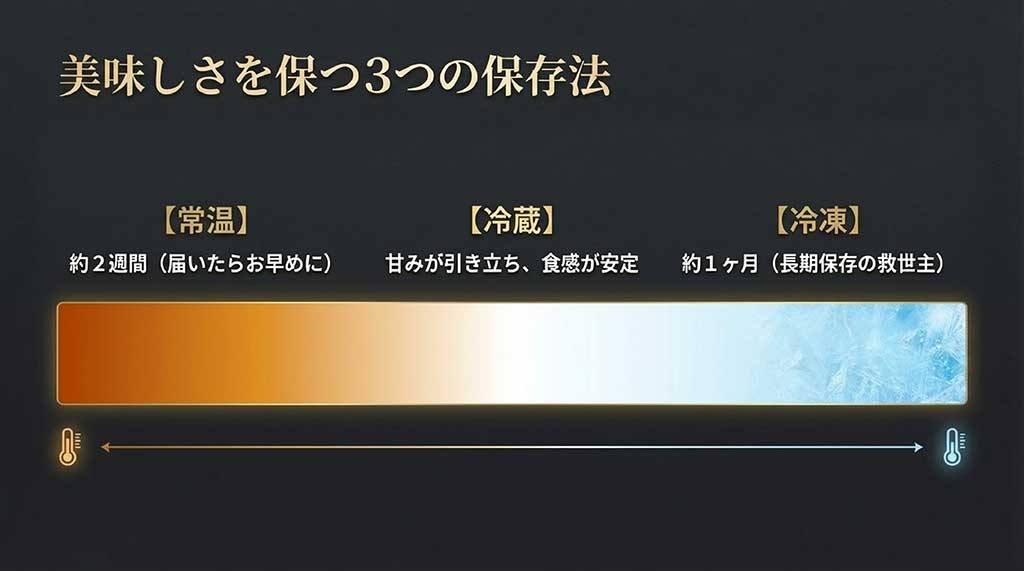あんぽ柿の常温、冷蔵(約2週間)、冷凍(約1ヶ月)の3種類の保存方法と保存期間の目安