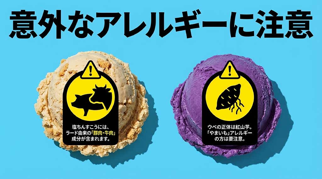 塩ちんすこうの豚肉・牛肉成分、ウベのやまいもアレルギーに関する注意喚起