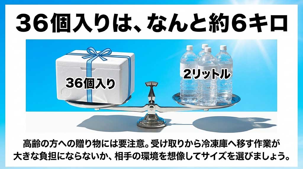 36個入りセットの重さ約6kgを、2リットルのペットボトル3本分と比較した図