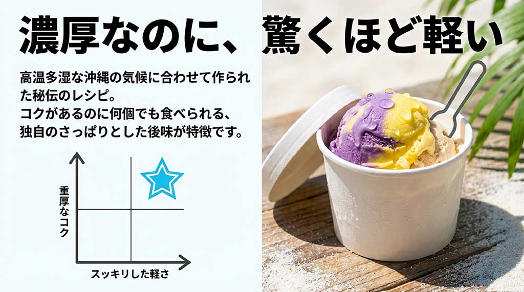 濃厚なのに軽い、沖縄の気候に合わせた秘伝レシピとスッキリした後味の解説