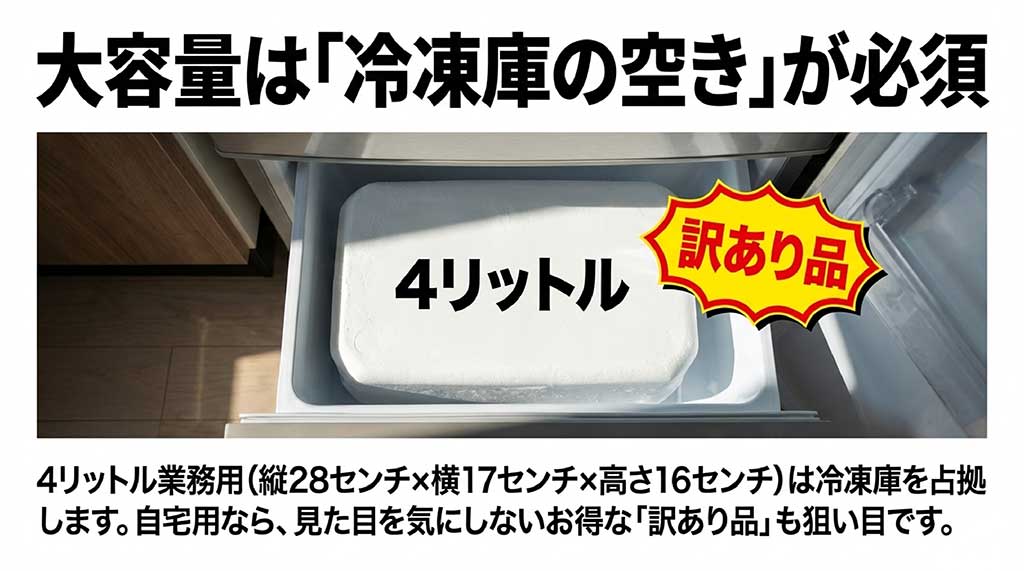 4リットル業務用バルクのサイズ詳細と、冷凍庫を占拠する様子、訳あり品の紹介