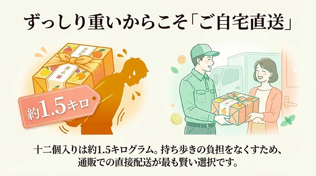 12個入り約1.5kgの重いギフトも安心な、通販での直接配送を勧めるイラスト