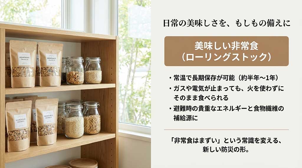 常温で長期保存が可能で、災害時にも火を使わず食べられる新しい防災の形の提案