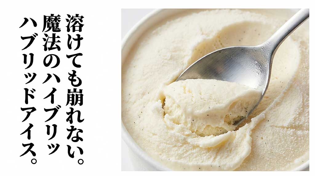 溶けても崩れない魔法のハイブリッドアイスの紹介。アイスクリームのイラスト
