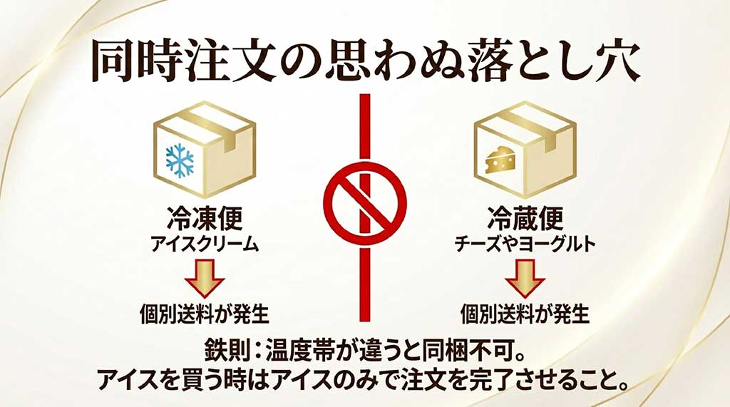 冷凍便(アイス)と冷蔵便(チーズ・ヨーグルト)は同梱不可で個別送料が発生することを警告する図解スライド