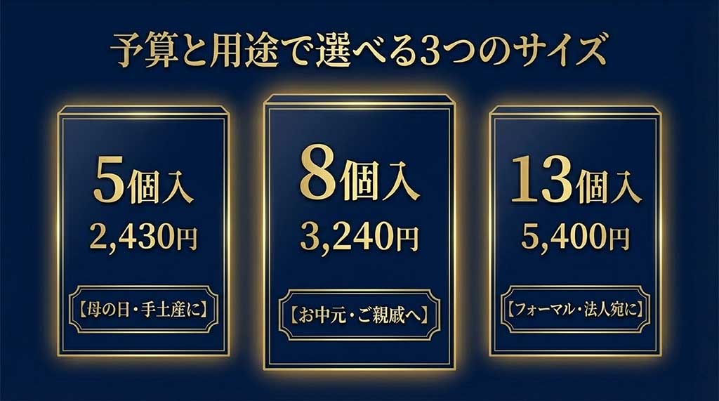 5個入（2,430円）、8個入（3,240円）、13個入（5,400円）の価格とそれぞれの推奨用途（母の日、お中元、法人向けなど）のまとめ