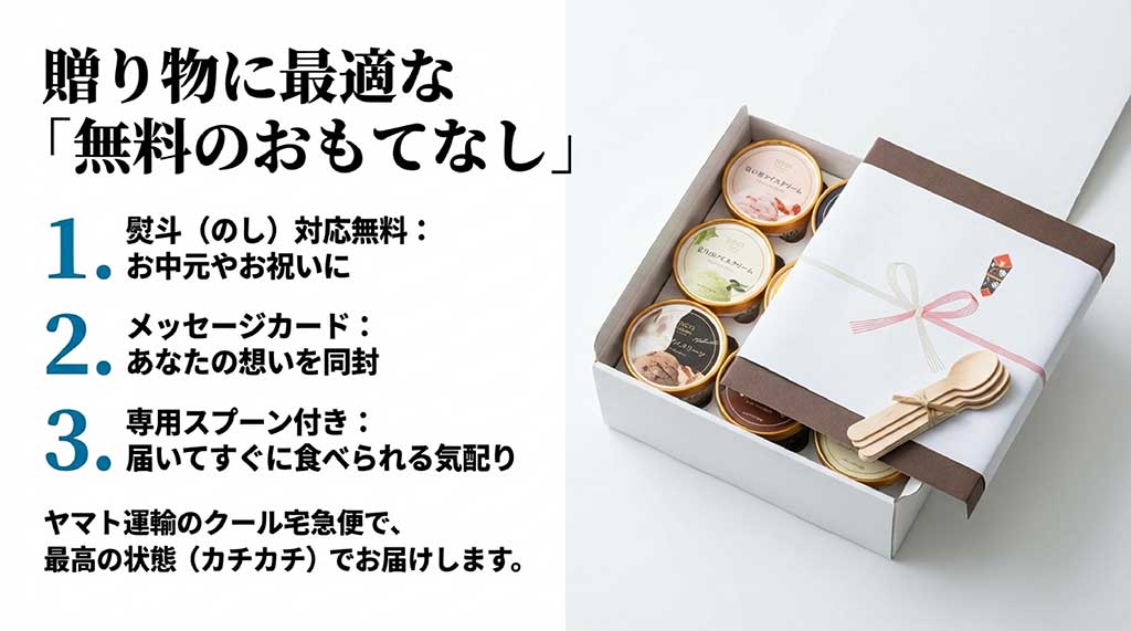 無料の熨斗対応、メッセージカード、専用スプーンが付属するGエルムのギフトサービス