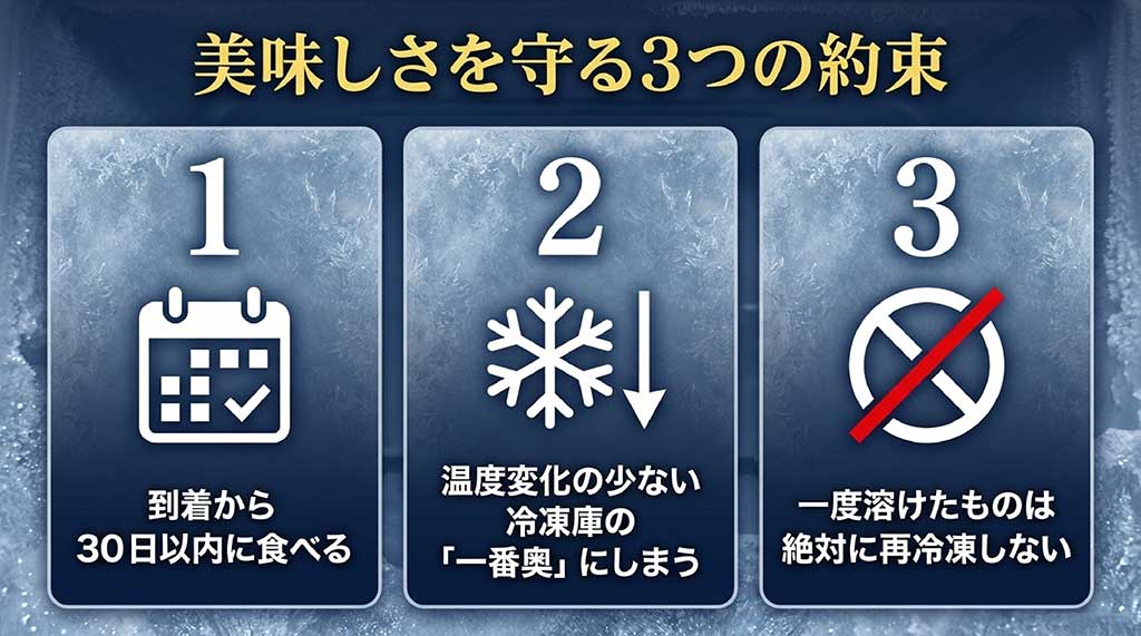 到着後30日以内、冷凍庫の奥に保管、再冷凍禁止という3つの保存ルールを解説したスライド