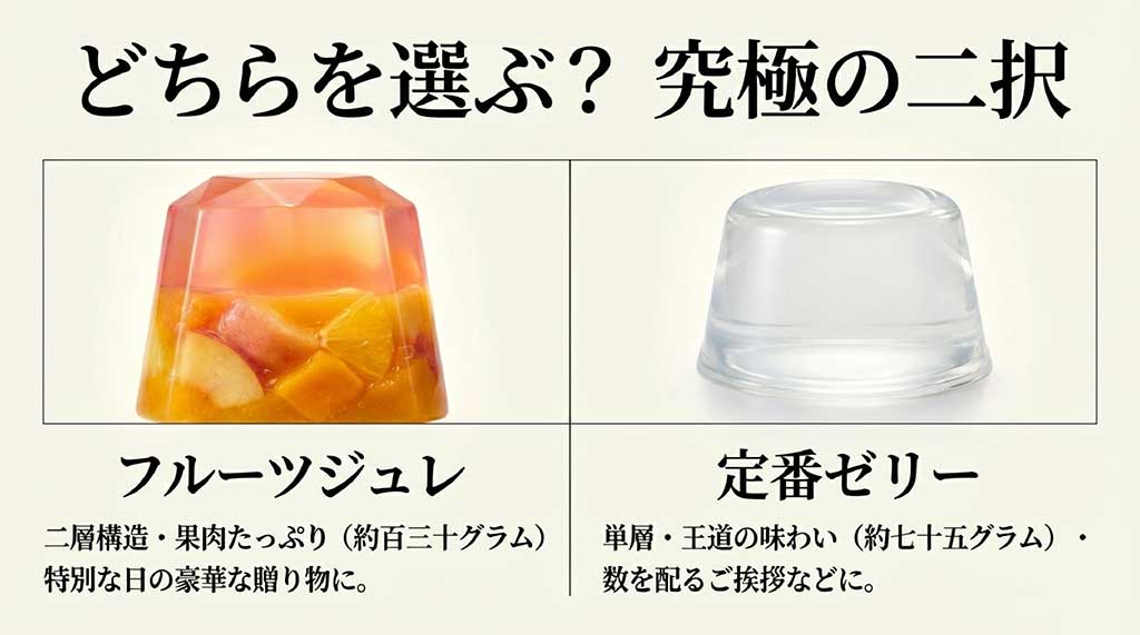銀座フルーツジュレ(二層・果肉たっぷり130g)と定番ゼリー(単層75g)の比較表