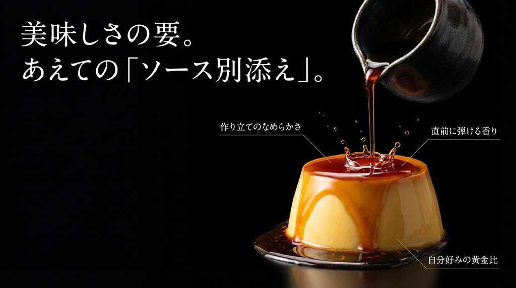 作り立てのなめらかさと香りを保つためにあえてソースを別添えにしている説明