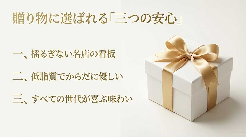 名店の看板、低脂質、全世代に喜ばれる味わいという3つの安心ポイント