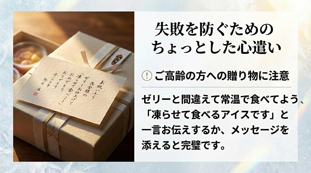 ゼリーと間違えないよう、凍らせて食べるアイスであることを伝えるメッセージ例