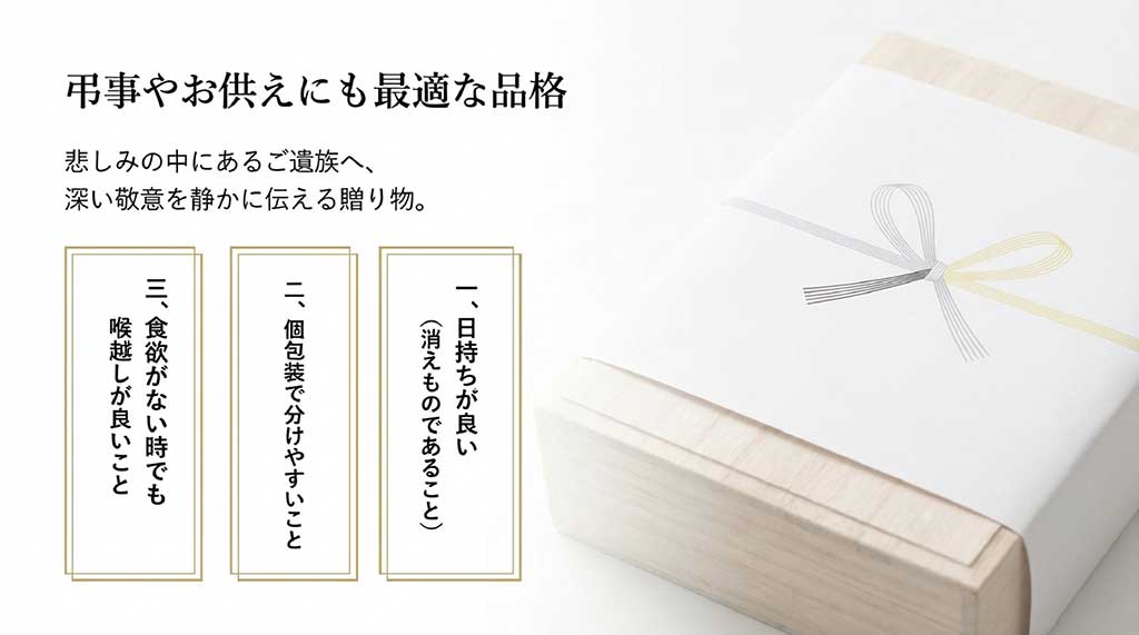 日持ち、個包装、喉越しの良さというお供え物に最適な3ポイントの解説